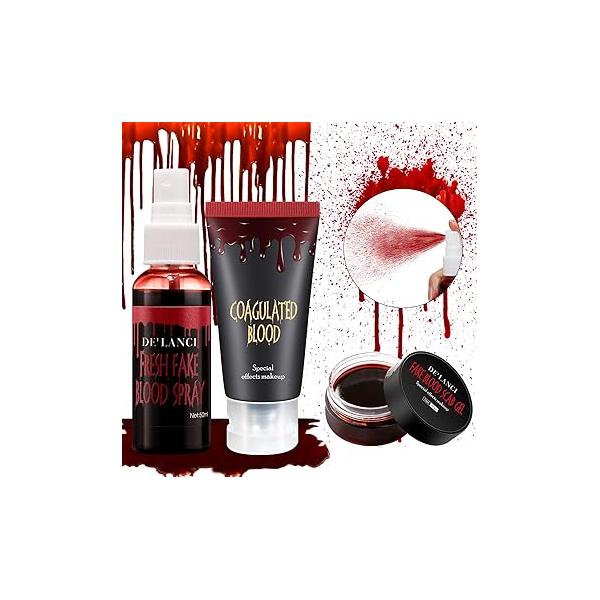 Halloween Fake Blood Makeup Kit - Edible Gel 1.06oz + Spray 1.76oz Coagulated 1.06oz, Realistic Washable Special Effects SFX Set for Zombie Vampire Monster Cosplay
