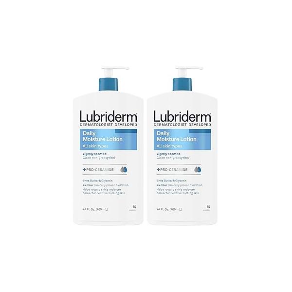 Lubriderm Daily Moisture Lotion + Pro-Ceramide with Shea Butter & Glycerin Helps Moisturize Dry Skin, Hydrating Face, Hand Body Lotion, Light Scent, Non-Greasy, Twin Pack, 24 fl. oz, 2 Pack