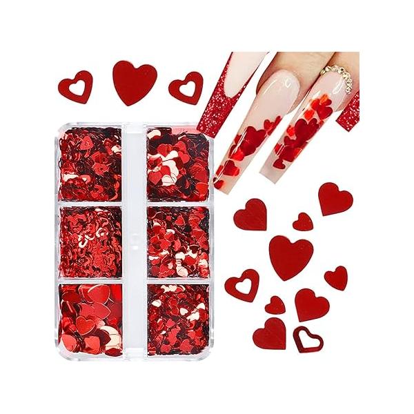 6 Grids Heart Nail Glitter Sequins Premium 3D Art Stickers Love Decals Holographic Laser Designs for Valentine's Day DIY Acrylic Decoration