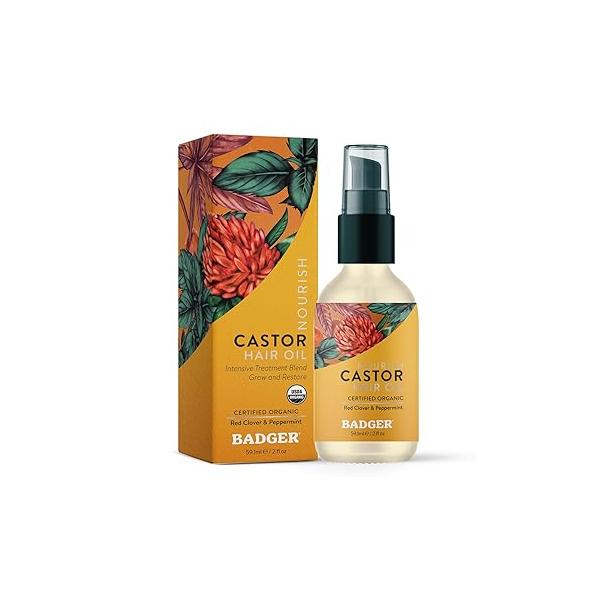 Badger Organic Castor Hair Oil for Thicker Fuller Looking Hair, 100% Growth & Restoration, Red Clover Peppermint, Deep Hydrating Oil, 2 fl oz Glass Bottle
