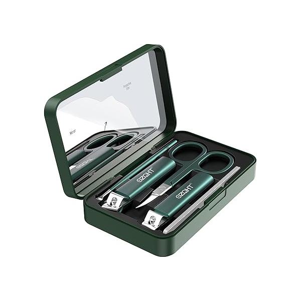 Nice 5-in-1 Premium Grooming Set: Nail Clipper, File, Ear Pick, Facial Hair Scissors, and Mirror in Elegant Storage Box - Manicure Pedicure Kit With Slant Edge Toenail Clipper