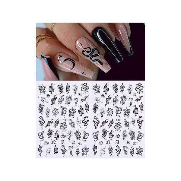 3pcs Black Snake Nail Art Stickers Retro Gothic Dark Style Back Glue Self-Adhesive Decorations for Acrylic Nails 3D Decals Women Girls