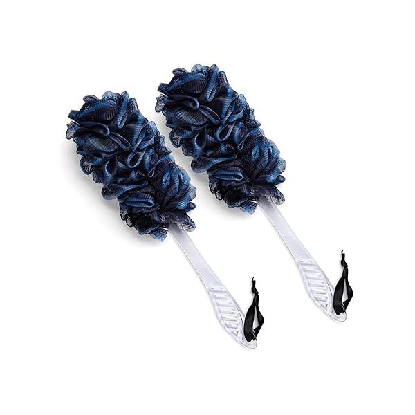 2Pack Back Scrubber for Shower, Dual-Sided Loofah on a Stick as Shower Brush Exfoliating Body with Long Handle, Sponge Mens Bathing Accessories Women (2Pack Navyblue)