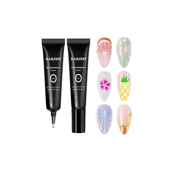 RARJSM 3D Nail Art Sculpture Gel No Wipe Clear Sculpting Polish 2Pcs Set Nails Charms Rhinestone Glue Craving Gelpolish UV LED Curing Requires Manicure Designs DIY Decoration