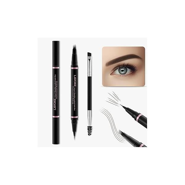 LAVONE Eyebrow Pencil Makeup Kit, with Waterproof 2-IN-1 Microblading Pen, Pomade, Eyeliner and Dual-ended Brush, Brow Kit for Natural Eyebrows - Dark Brown