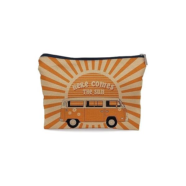 Ayxvt Here Comes the Sun Hippie Bus Sunshine Makeup Bag,Hippie Purse Pouch Travel Toiletry,Here hippie Gifts for women