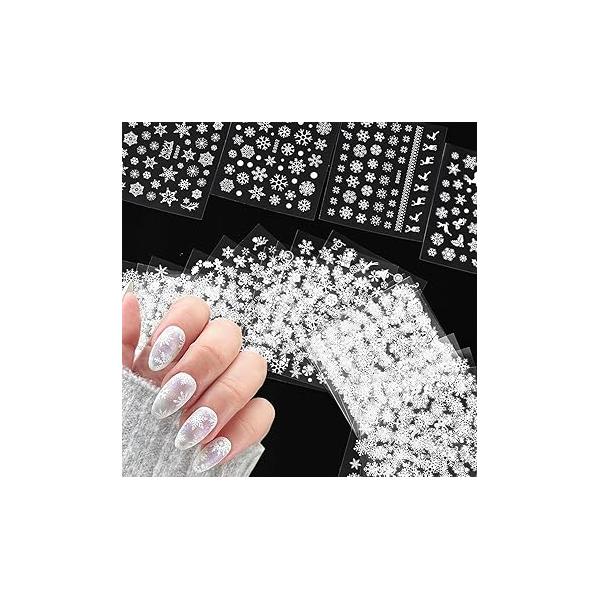30 Sheets White Flower Nail Art Stickers, with Rhinestones Designs Decals 3D Self Adhesive Stickers Supplies for Nails Decorations