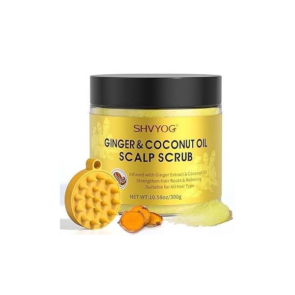 SHVYOG Scalp Scrub, Ginger Exfoliator, Hyaluronic acid Exfoliator Scrub Scrubber for Build Up, Hair Strengthen Treatment Nourishing Care with Massager, 10.58 OZ