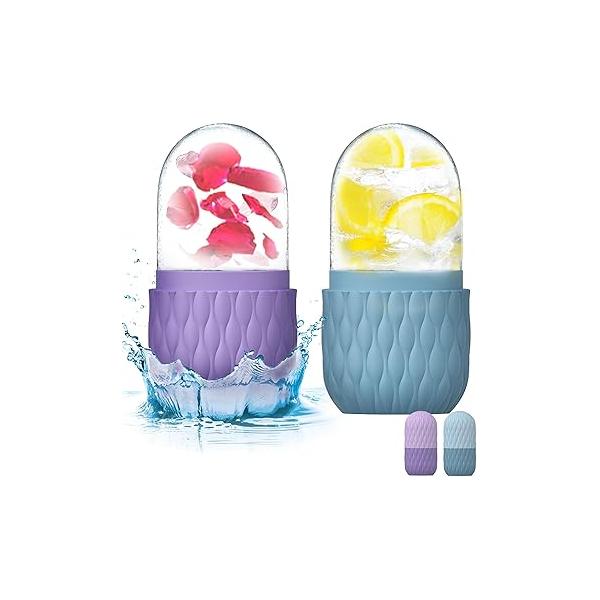 2 Pack Ice Roller for Face and Eye, Skin Care Shrink Pores Reduce Puffiness, Nursing Tool Fever, Redness Swelling, Cube, Mold, Stick, Holder Women Men Purple-Blue