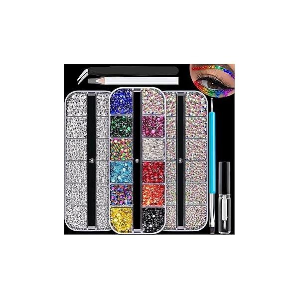 Colorful Face Gems for Makeup Set, Flatback Gorgeous Charming Shining AB Glass with Glue, Tweezer, Picker Pencil Eye Body Hair Make-up and Nail Art Deco