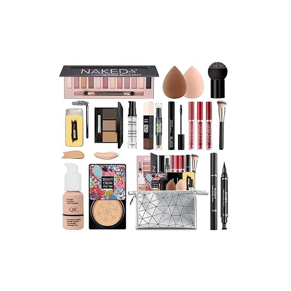 All in One Makeup Kit, Includes 12 Colors Naked Eyeshadow Palette, 5Pcs Brushes, Waterproof Eyeliner Pencils, Eyebrow Powder and Quicksand Cosmetic Bag, Gift Set for Women, Girls & Teens