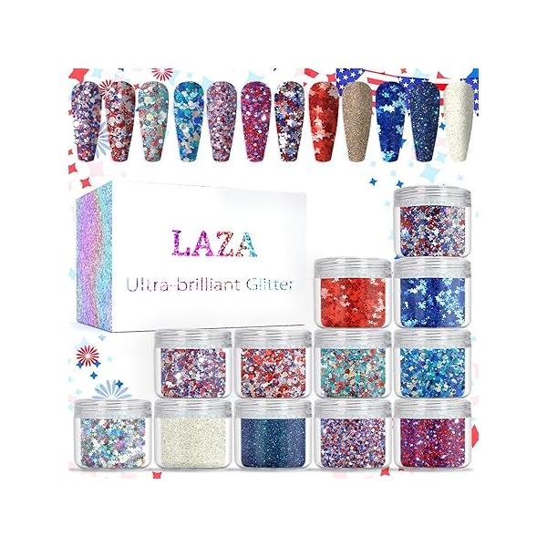 Laza Independence Day Nail Art Glitters 12 Colors Red Blue Silver Fine Powder Chunky Star Sequins Hexagon Confetti 4th of July Decals Festival Polish Supplies - Colorful Holiday
