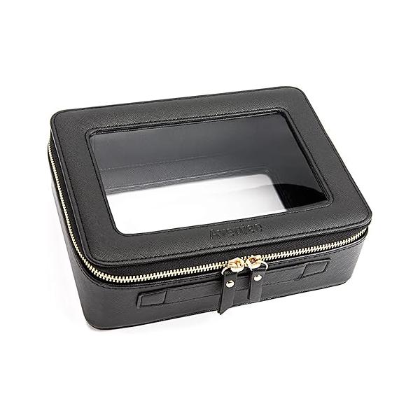 Aveniee Clear Makeup Bag Organizer, Portable Travel Toiletry Cosmetic Case for Women, Heavy Duty Pouch with zipper Transparent Vinyl Windows & Gold Zippers(Black)