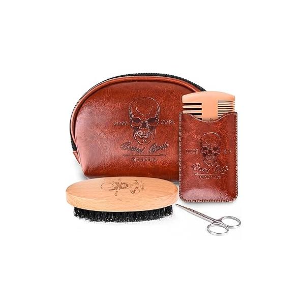 Beard Brush and Comb Set, Boar Bristle Hair Kit with Small Leather Travel Toiletry Bag Case for Men, Include Men's Wooden Mustache