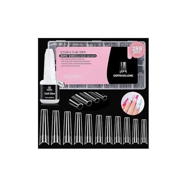 Beetles 288PCS No C Curve Nail Tips with 10ml Glue: Long Square Half Cover Clear Pre-Etched False Tips, 12 Sizes Extensions for Acrylic Nails, Professional DIY Manicure Kit