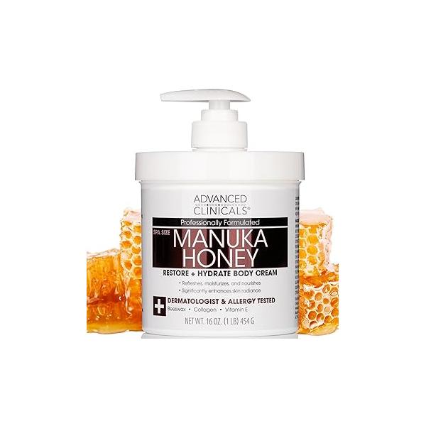 Advanced Clinicals Manuka Honey Body Cream For Women & Men | Butter Lotion Extremely Dry Skin Collagen Skincare Moisturizer Hydrating Balm Improves Look Of Aging Skin, 16 Ounce