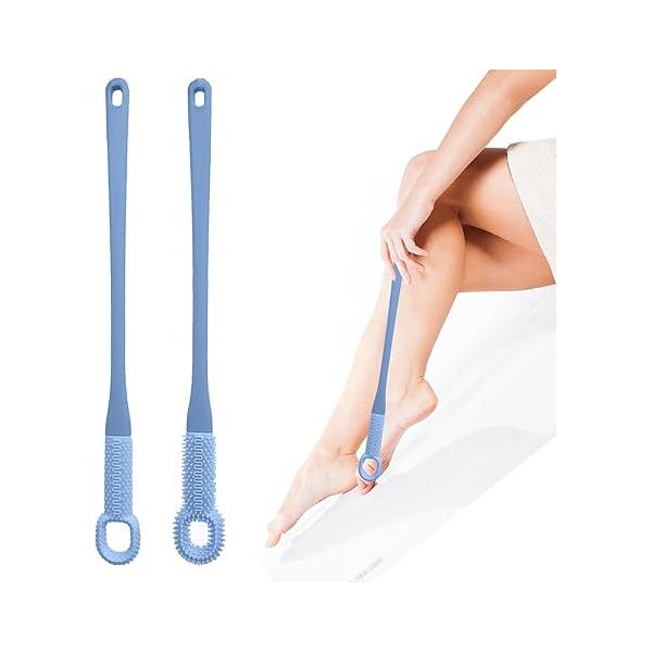 2 PCS Toe Cleaning Brush,Silicone Foot Scrubber Exfoliating Brush for Shower Handle Soft Bath Feet Cleaner Scrub Care Seniors,Elderly, Men and Women 15.7"-Blue