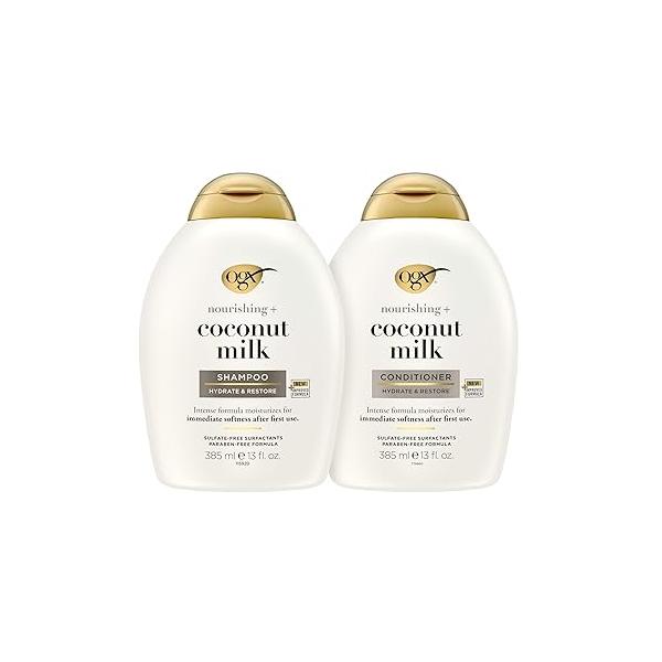 OGX Nourishing + Coconut Milk Shampoo & Conditioner Set, Hydrating Restoring, Moisturizes for Soft Hair After the First Use, Sulfate-Free Surfactants, 2 Items, x 13 fl. Oz