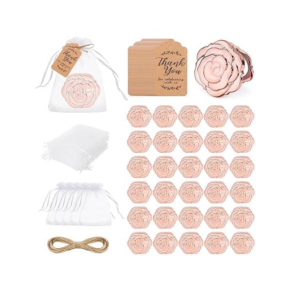 30 Set Rose Compact Mirror Bulk Wedding Favors, Bridal Shower Party Favors for Guests Roses Shape Portable Folding Mirrors with Thank You Tag and Organza Bag (Rose Gold)