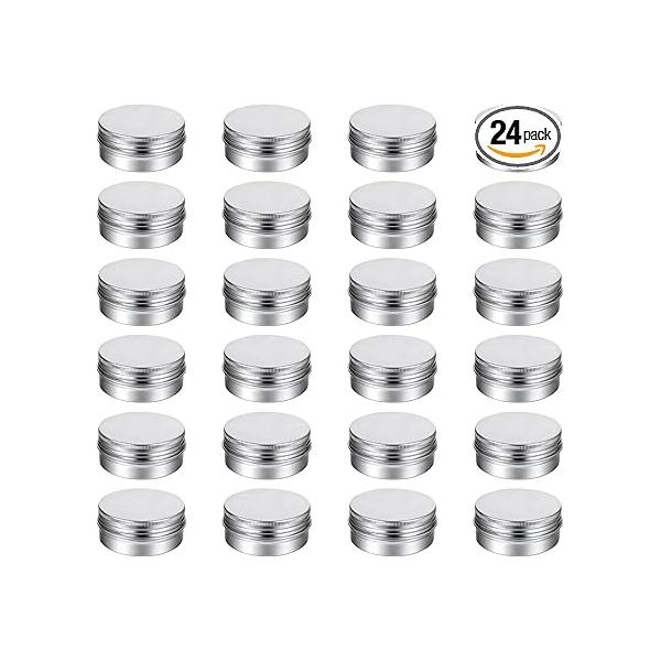 24 PCS 0.5 oz Aluminum Tin Jar Empty Metal Round Container Silver Refillable Bottle Mini Cosmetic Sample Box with Screw Lid for Candle Lip Balm Gloss Salve Makeup Eye Shadow Powder