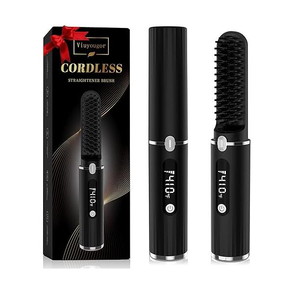 Beard Straightener for Men, Cordless Portable Heated Straightening Comb with LCD, and Hair Brush Hot Comb, Anti-Scald & Automatic Shut-Off, Travel