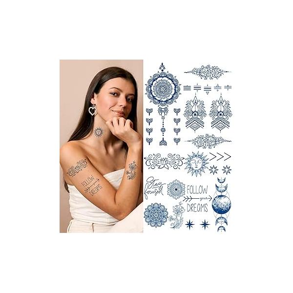 Aresvns Temporary Tattoos Henna for Women Girls,Semi-Permanent Tattoo Sticker Waterproof and Long-Lasting 1-2 Weeks,Realistic Fake Flowers Style Christmas Gift