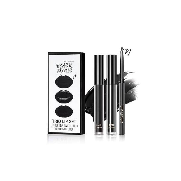 3 in 1 Black Lip Liner Pencil and Lipstick lipgloss Set Matte Gloss Kit Long-lasting Nonstick Cup Smudge Proof Kits with Liner,Velvet Goth Makeup (12#Black Magic)