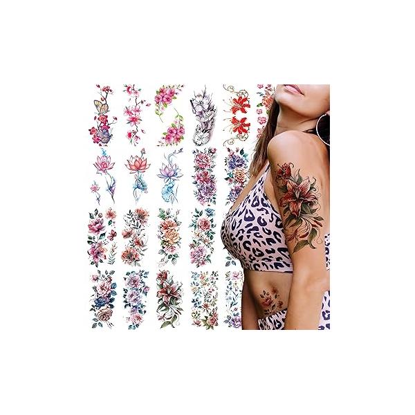 21 Sheets Large Temporary Tattoos Flower Paper Sexy Body Tattoo Sticker for Women & Girl Fake (Lily, Peach, Plum, Peony)