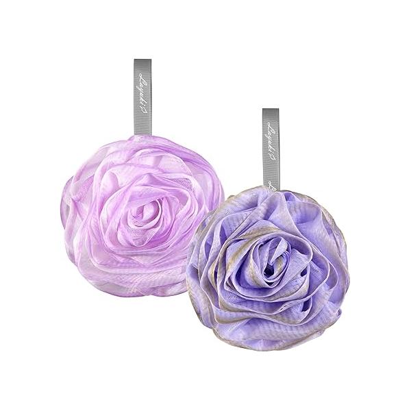 Bath Loofah, Shower Body Sponge, Scrubber, Rose-Shaped, Elegant (Set of 2 Pieces,Purple and Grey)