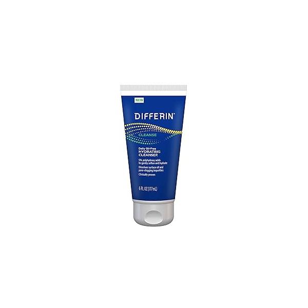 Differin Facial Cleanser, Daily Oil Free Hydrating Face Wash by the makers of Gel, Gentle Skin Care for Acne Prone Skin, PHAs, 6 Oz.