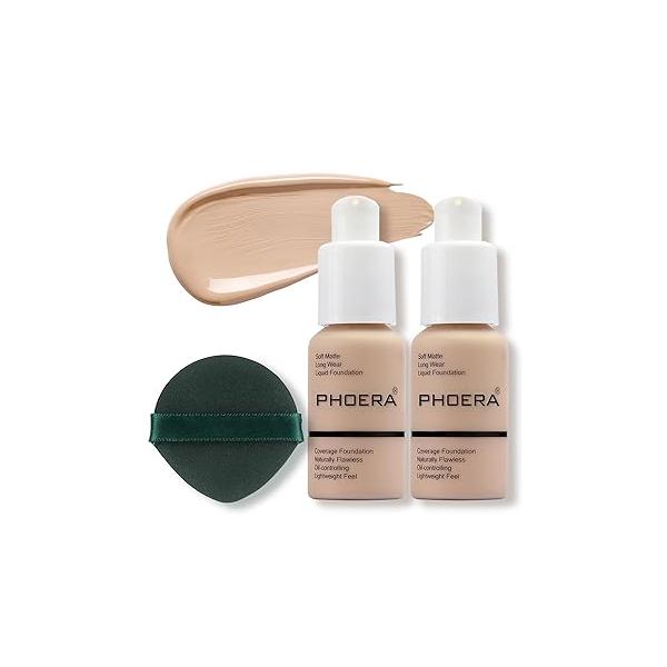 PHOERA Foundation Makeup, Flawless Soft Matte Oil Control Liquid Foundation, Full Coverage Mattle Oil-Control Concealer for Older Women, Great Choice For Gift (#102 Nude)