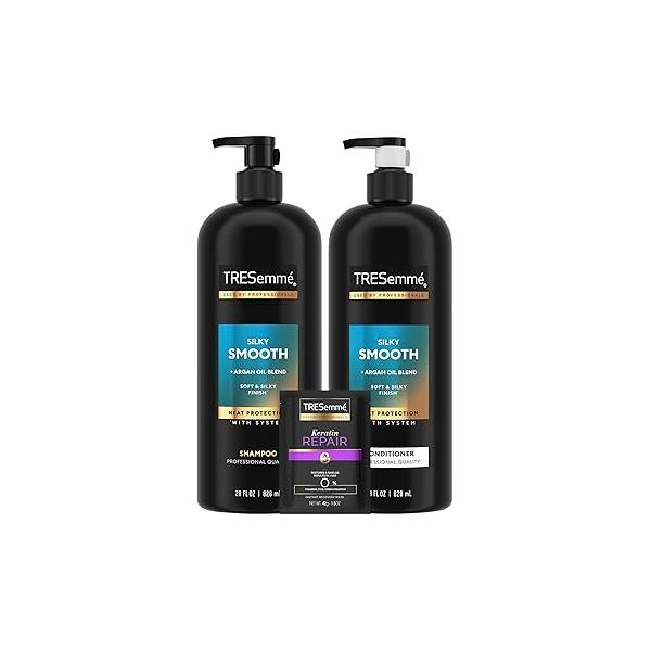 TRESemmé Shampoo and Conditioner Set, Silky & Smooth + Keratin Repair Hair Mask - Anti-Frizz Products with Argan Oleo Blend (3 Piece Set)