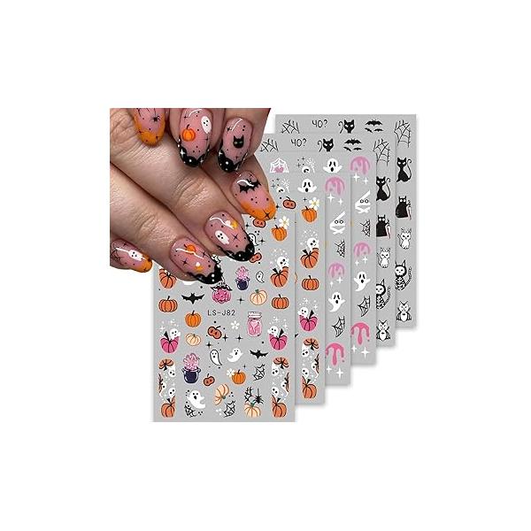 Halloween Nail Art Stickers 3D Decals Self Adhesive Cute Pumpkin Ghost Bat Cat Spider Web Design for Women DIY Decoration Supplies