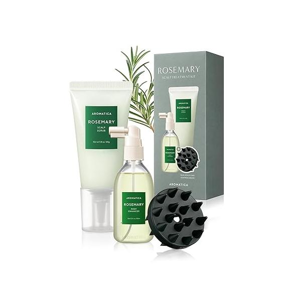 AROMATICA Rosemary Scalp Care Gift Set - Hydrating Treatment with Enhancer, Scrub and Dual Brush Free from Sulfate, Silicone, Paraben