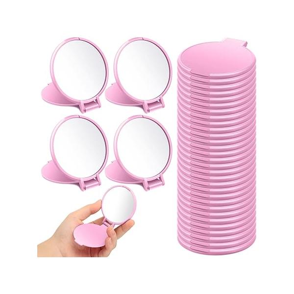 24 Pieces Mini Compact Mirror Bulk Round Portable Makeup Folding Pocket Travel for Homeless, 2.8 x 2.4 Inch(Pink)