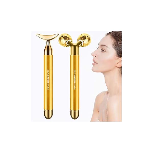 2-IN-1 Electric Face Massager Roller 24k Rose Gold Roller, 3D and Unique Crescent Shape Facial Kit Arm Eye Nose Skin Care Tools