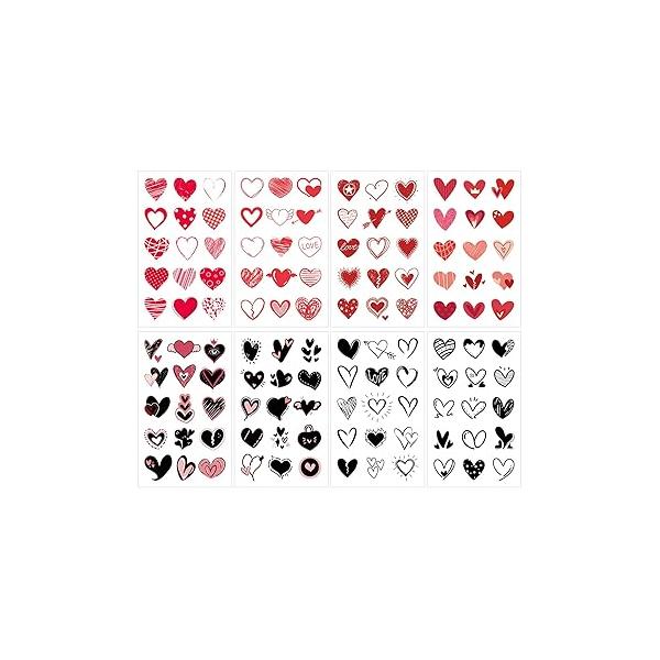 120 Patterns Valentines Heart Tattoos, 8 Sheets Red Black Love Hearts Valentine's Day Temporary Tattoos Decal Stickers for Kids Girls Boys Women Face Body Accessories