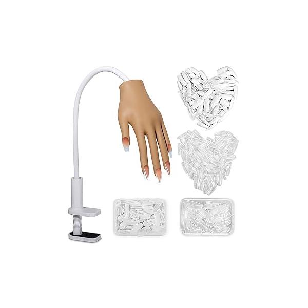 Practice Hand for Acrylic Nails- Silicone Nail Upgrade Tips Never Fall Off, Fake Manican Practice, Flexible Maniquin with 200PCS