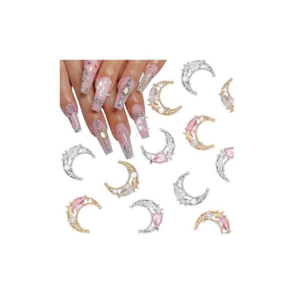 12Pcs Shiny Moon Nail Charms 3D Alloy Rhinestones for Acrylic Jewelry Gold Silver Art Kit Luxury Crystal Gems Accessories Women Manicure DIY Design Supplies