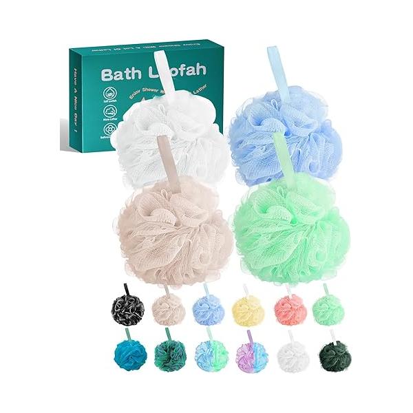 Amazerbst 4 Pack Bath Sponges Mesh Balls Shower Loofahs Wash Back Body Cleaning Scrubber Exfoliator Loofah Sponge Bathing Accessories Women Men
