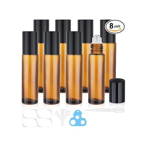 8 Pack Essential Oil Roller Bottles, 10ml Amber Glass Roll on Stainless Steel Ball, Opener, Plastic Pipettes, Funnel, Stickers, Refillable Container for Perfume