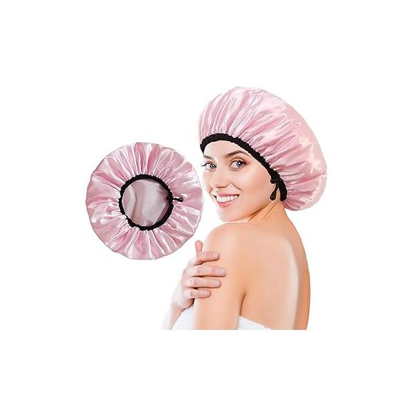 Shower Cap for Women, Large Caps Reusable Waterproof with Elastic Band, Silky Satin Double-layer Bath Braids Long Hair