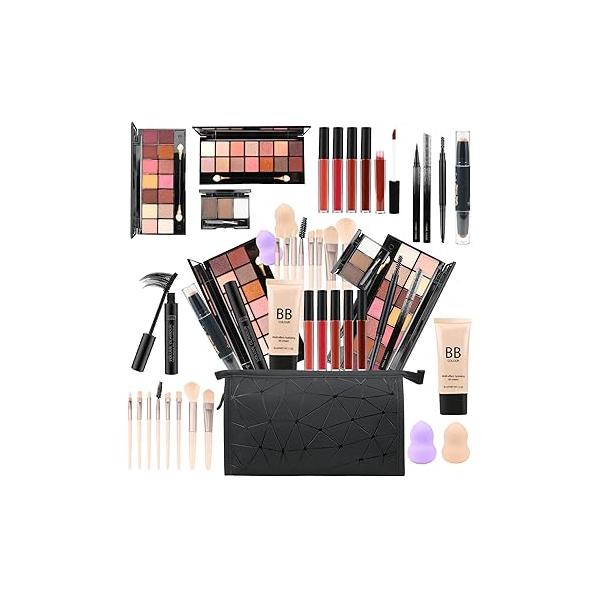 All in One Makeup Kit Full Multipurpose Essential with Eyeshadow Palette,Lip Gloss,Foundation,Mascara,Eyebrow Pencil,Eyeliner,Contour Stick,Makeup Brushes,Cosmetic Bag Set for Women (DA112)