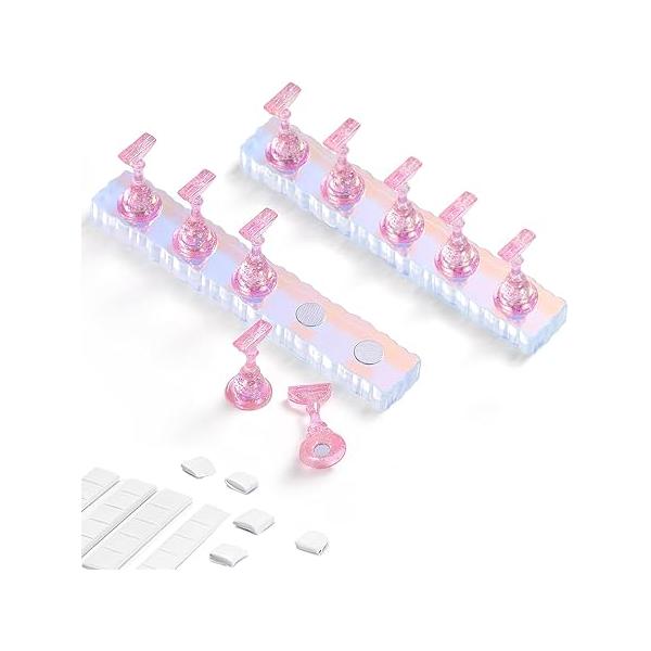 Etercycle 2 Set Nail Holder for Display Painting Nails - Aurora Acrylic Magnetic Practice Stand Fake Press On with Reusable Adhesive Putty (Aurora Pink)