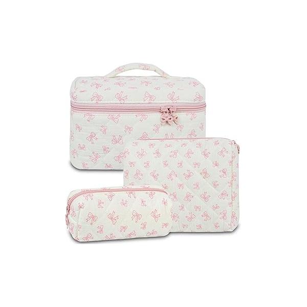 3Pcs Makeup Bag Cotton Quilted Travel Cosmetic Cute Floral Pouch Large Toiletry for Women Girls (Bow-Pink4)