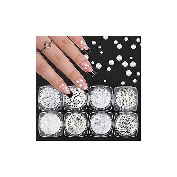 SILPECWEE 8 Boxes Nail Pearls for Art - Beige, White, Circular and Semi Pearls, Pearl Charms Gems Rhinestones Jewelry Decoration Nails Supplies