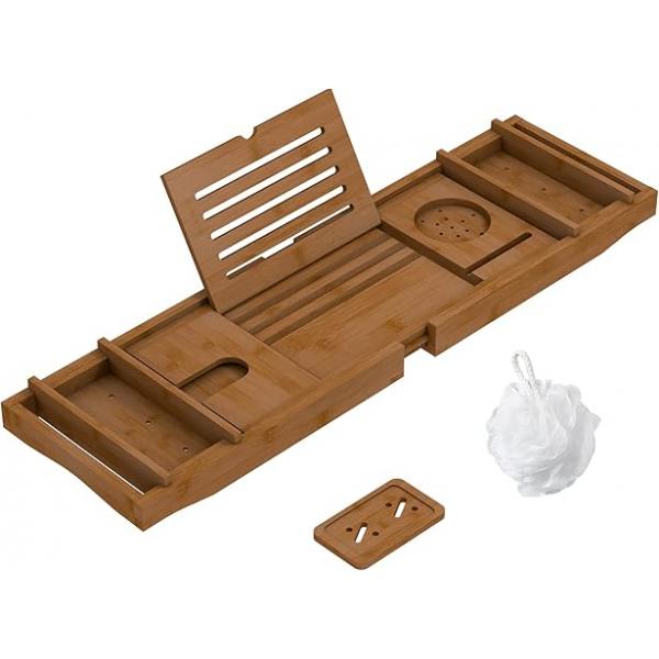Bamboo Bathtub Tray for Luxury Bathroom, Expandable Premium Bath w/Soap Towel Book Holder, Adjustable Accessories Tub,Extendable Tub with Wine Glass Cup Organizer 29.5"-43.3" Black