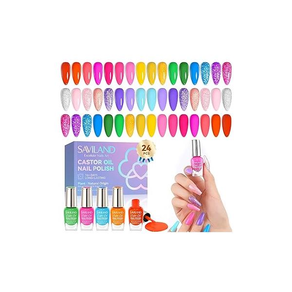 SAVILAND Nail Polish Set Quick-Dry: 24 Trendy Color Regular Kit Neon Glitter Finger Bulk Non Gel Plant-base Castor Oil Vitamin E Toe Lacquer Home Women