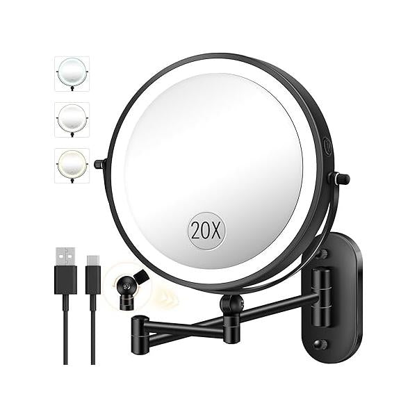 9" Wall Mounted Makeup Mirror with Light, 20X/1X Height Adjustable Double Sided Magnifying Bathroom Lighted Mirror, 3 Color Touch Dimmable Extended Arm 360 Rotation Light up Magnification Mirrors