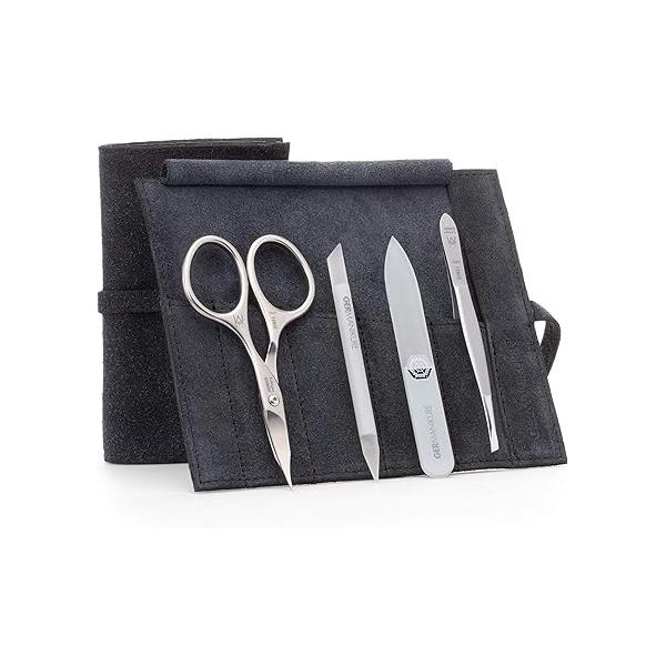 GERMANIKURE 4pc Mini Professional Manicure Set in Light Blue Suede Case - FINOX Stainless Steel Tools Made Solingen Germany, Glass Nail Care Supplies Czech Republic